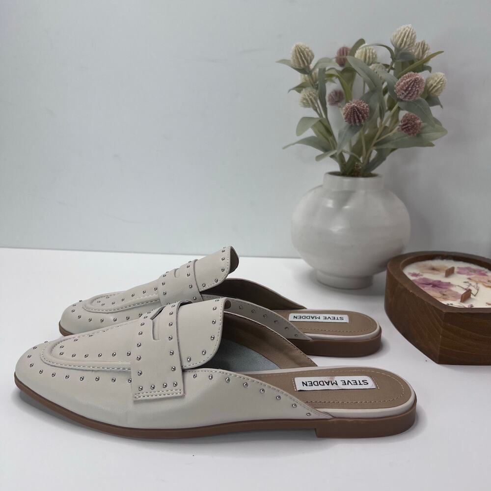 Steve Madden Kendle Studded Leather Mules Bone Women's 9.5M Tried On